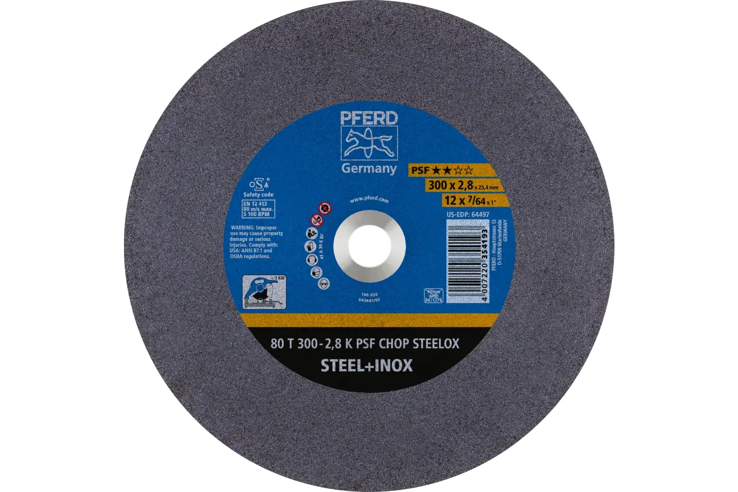 Picture of Pferd Large Diameter Cut-Off Wheel 12" X 7/64 X 1, Psf Chop Steelox, K, Aluminum Oxide